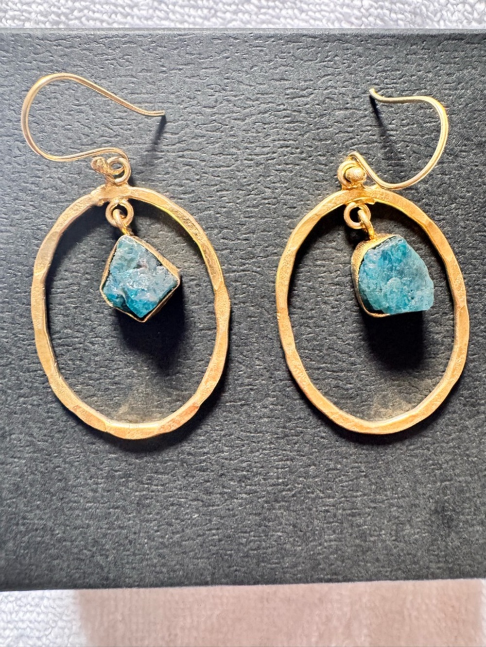 Gold Hoop Earrings with Blue Rough Gemstone Accent